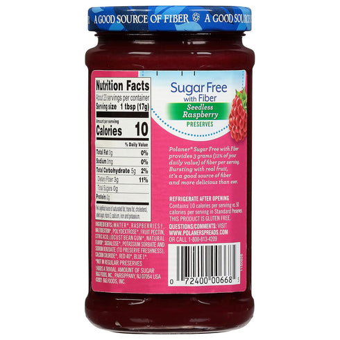Polaner 13.5 Sugar Free with Fiber, Seedless Raspberry Preserves, Ounce