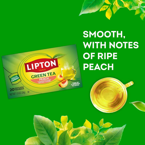20 Lipton Peach Green Tea Bags, Flavored, Unsweetened Teabags for Hot Tea or Peach Iced Tea with Caffeine