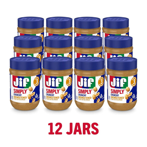 15-Ounce (Pack 12) Jif Simply Crunchy Peanut Butter Spread, Unsweetened, Jar