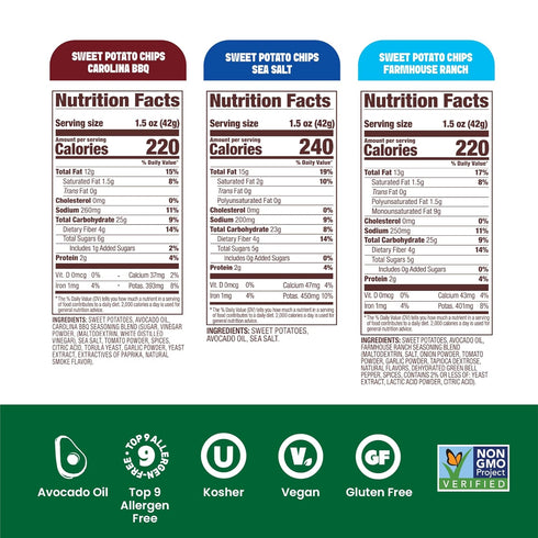 Pack (7oz, Pack 6) Jacksons Sweet Potato Kettle Chips Avocado Oil Variety of Sea Salt, Ranch and BBQ Flavors