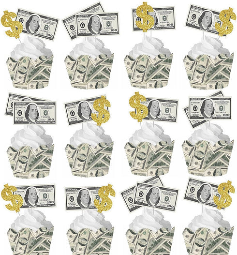 The DaPai 48Pcs 100 Set Dollar Bill Cupcake Wrappers and Toppers Currency Symbol Cupcake Holders with Treat Picks Kit