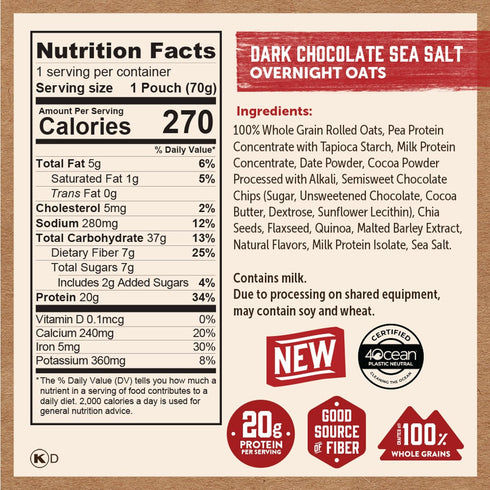 20g (Pack 9 Kodiak Cakes Dark Chocolate Sea Salt - Overnight Oats with Protein, High Fiber Breakfast of Pouches)