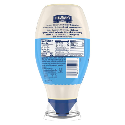 HELLMANN'S 100% 20 oz Light Mayonnaise Light Mayo Squeeze Bottle For a Creamy Condiment for Sandwiches and Simple Meals