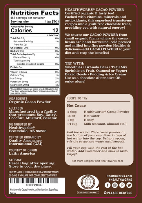 48 Oz 3 Lbs Healthworks Superfoods Organic Cacao Powder - / - Cocoa Chocolate Substitute - Rich Chocolate Flavour