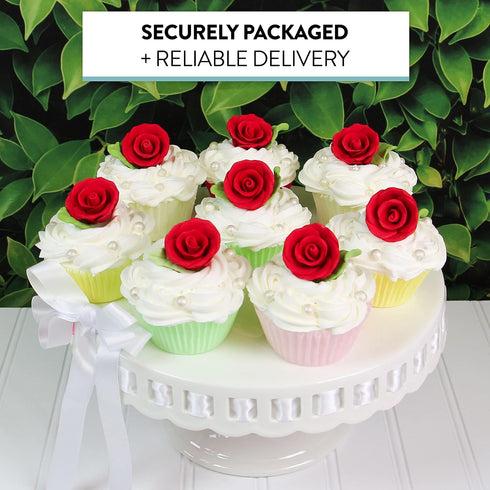 24 Count Global Sugar Art Premium Wedding & Party Edible Rose Cake & Cupcake Sugar Flowers, Red, with Leaves by Chef