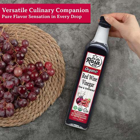 16.9 Oz (Pack 1) De La Rosa Organic Red Wine Vinegar, Raw & Unfiltered, Kosher for Passover, Vegan, Non-GMO & Gluten