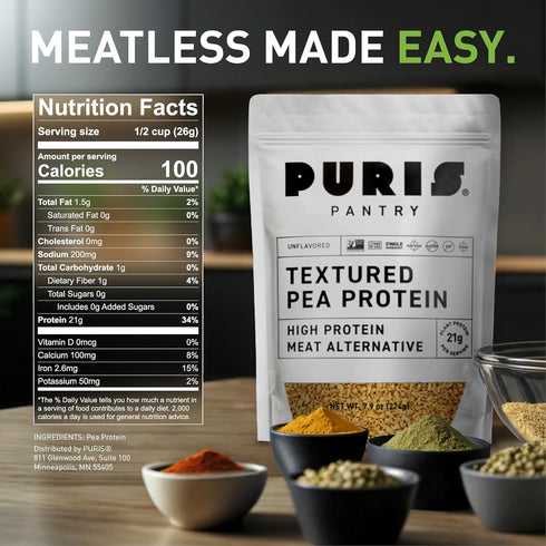21g 1.5 PURIS Pantry Textured Pea Protein, Unflavored Meatless Vegetable Crumbles, Soy Free, Shelf-Stable, Gluten Free