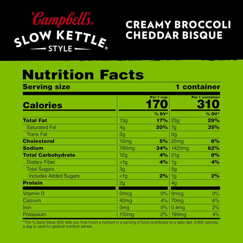 Campbell's Slow Kettle 15.5 oz (Pack 3) Style Creamy Broccoli Cheddar Bisque, Microwavable Bowl
