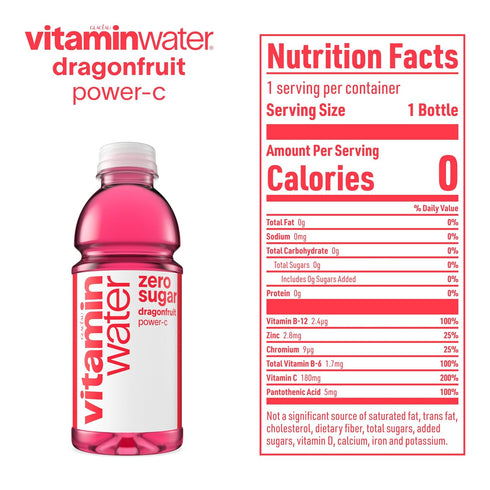 20 oz (Pack 12) vitaminwater zero sugar power-c, electrolyte enhanced water w/vitamins, dragonfruit drinks, fl