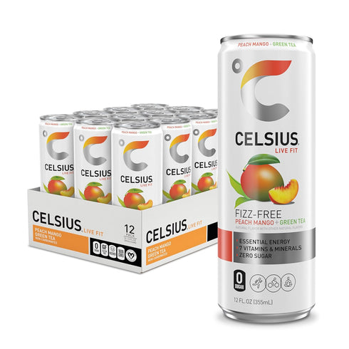 CELSIUS Fizz Free Peach Mango Green Tea, Sugar Free Energy Drink, 12