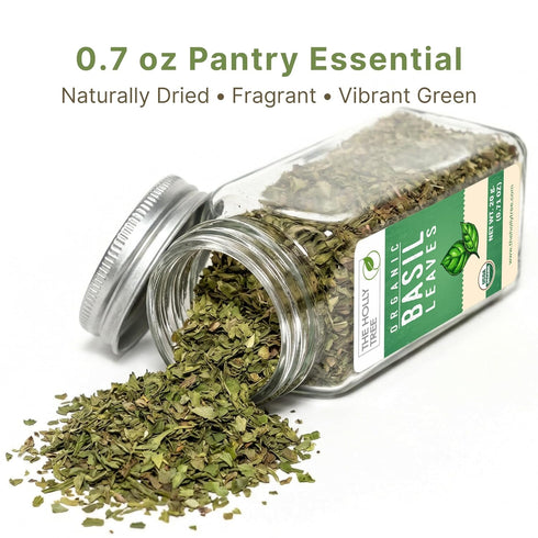 THE HOLLY TREE 0.7 oz Organic Basil Leaves - Dried Basil Seasoning with Fresh Flavor - USDA Organic, Kosher, Gluten