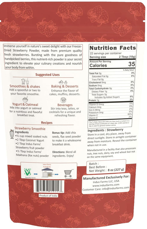 8 oz Indus Farms Freeze Dried Strawberry Powder Pure Strawberry Fruit, No Added Sugar, Bold Real Fruit Flavor