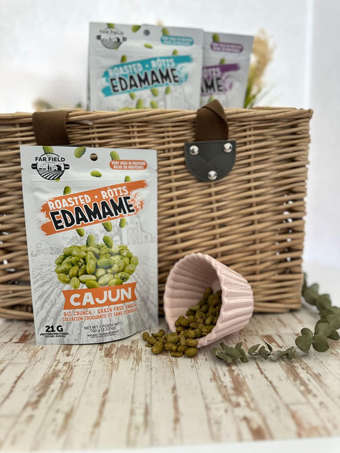 Urbani packed 42 3 3 pack) Far Field - Crunchy Roasted Edamame Beans, ( Salted, BBQ, Cajun ), High Protein Snack with g