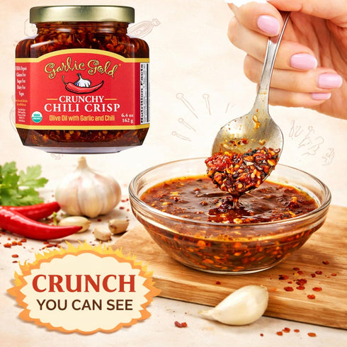 (6.4 oz) Garlic Gold Organic Crunchy Chili Crisp Olive Oil Infused with Garlic & Chili, USDA Organic, Gluten Free