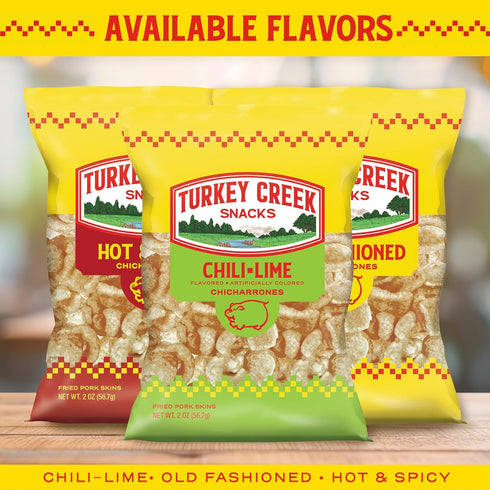 2oz (Pack 12) Turkey Creek Chili Lime Chicharrones, Fried Pork Rinds - Chili Lime Flavored Pork Skins - Low Carb