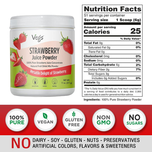 11 oz Vegs Strawberry Juice Powder - Freeze Dried Organic Strawberry Juice Instant Drink Mix Powder, Baking, Dessert