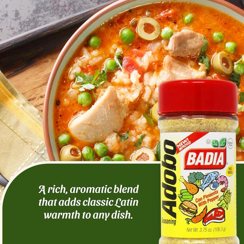 3.75 oz Badia Adobo with Pepper, Adobo con Pimienta Smoky, Spicy & Savory for Meats, Chicken, Seafood, & Veggies