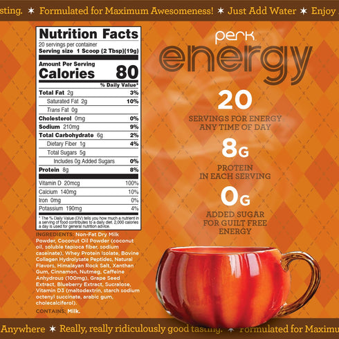 20 100mg Perk Energy Drink Mix (Pumpkin Butter Pecan) Servings - Caffeinated Healthy Coffee Alternative with Protein