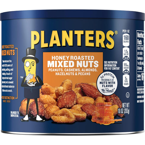 PLANTERS Mixed Nuts Honey Roasted, Party Snacks, Plant-Based Protein, 10 oz Canister