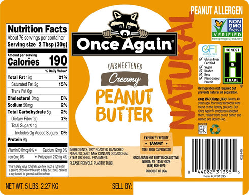 5lb 5 Once Again Natural, Creamy Peanut Butter, Pantry Pal (same as jars) - Lightly Salted, Unsweetened - Gluten Free