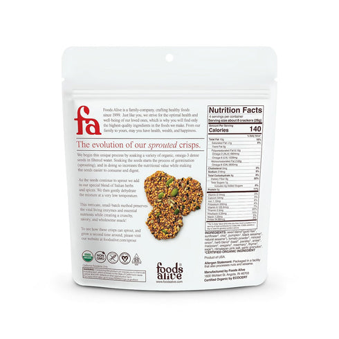 4 oz (6-Pack) Foods Alive | Organic Tomato & Herb Sprouted Crisps | - Gluten Free, Kosher, Vegan, Keto, Paleo Crackers