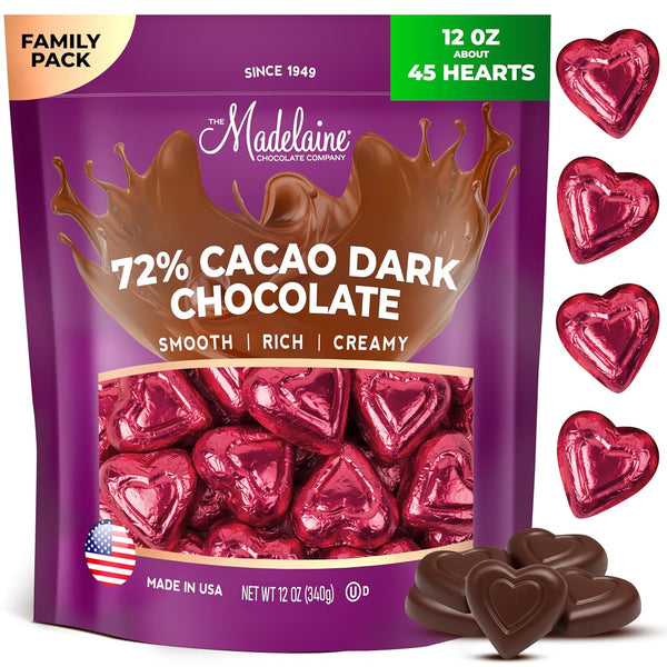 Madelaine Dark Chocolate Mini Hearts Candy 72% Cacao Valentines Day Chocolates, Individually