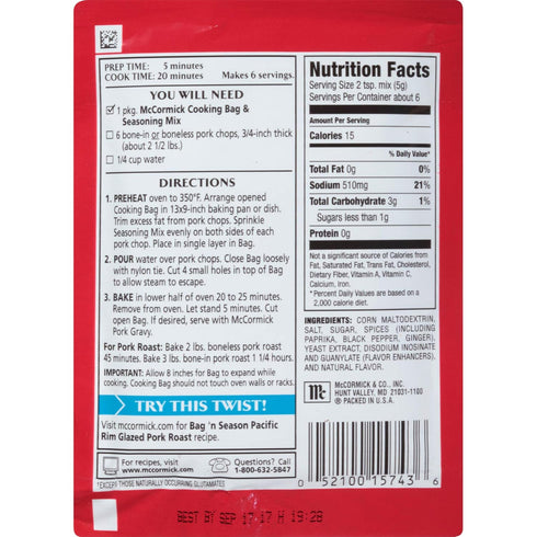 1.06 oz (Pack 4) McCormick Bag 'n Season Pork Chops Seasoning Mix