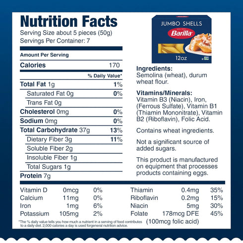 12 oz. (Pack 12) Barilla Jumbo Shells Pasta, Box of - Non-GMO, Made with Durum Wheat Semolina - Kosher Certified
