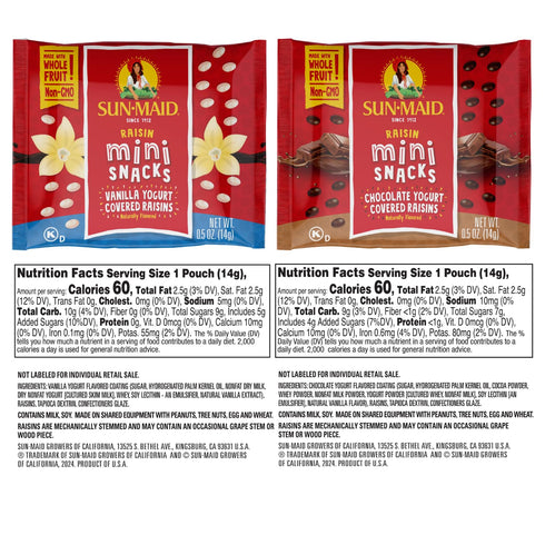 Packets 0.5 oz (Pack 72) Sun-Maid Vanilla & Chocolate Yogurt Coated Raisins Variety - Mini Snack-Size Bag - Yogurt