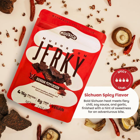 4 Pack (2 oz), Mourish Vegan Mushroom Jerky, Teriyaki & Sichuan Peppercorn, Good Source of Protein and Fiber, Plant