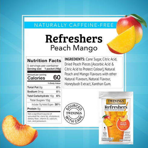 5 Count (Pack 6), 30 Packets NEW Twinings Peach Mango Refreshers, Herbal Tea Instant Beverage with Real Peach Fruit