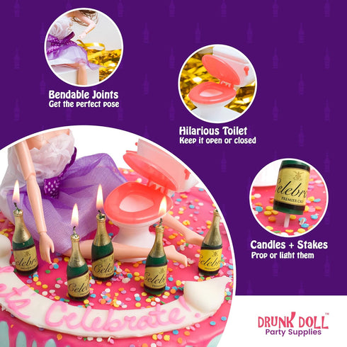 Happy 21st Birthday Cake Topper Decorations with Mini Liquor Wine Bottle Candles, Jointed Doll & Toilet