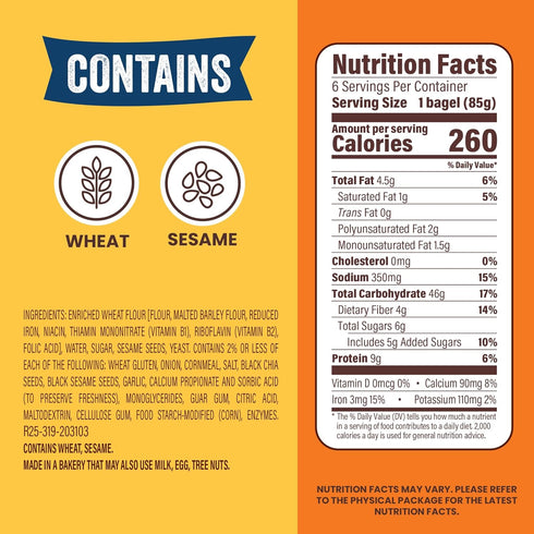 THOMAS' 6 count, (3.0 oz 9g 18 oz Everything Bagels, each), Protein, Kosher Bagels, Bag