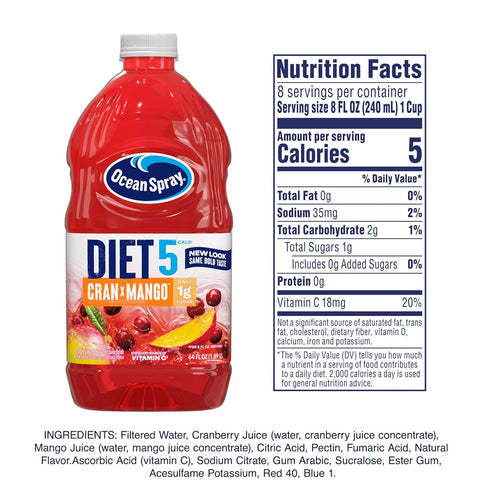 64 Oz (Pack 8) Ocean Spray Diet Cranberry Mango Juice Drink, FL Bottle