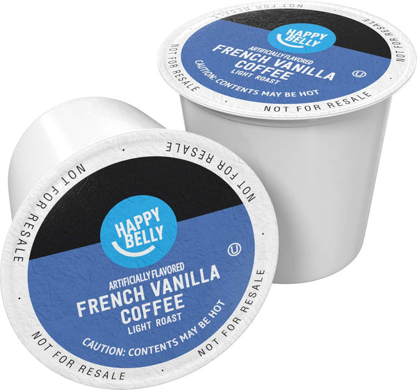 Amazon Brand Happy Belly 100 Count Light Roast Coffee Pods, French Vanilla Flavored, Compatible with Keurig