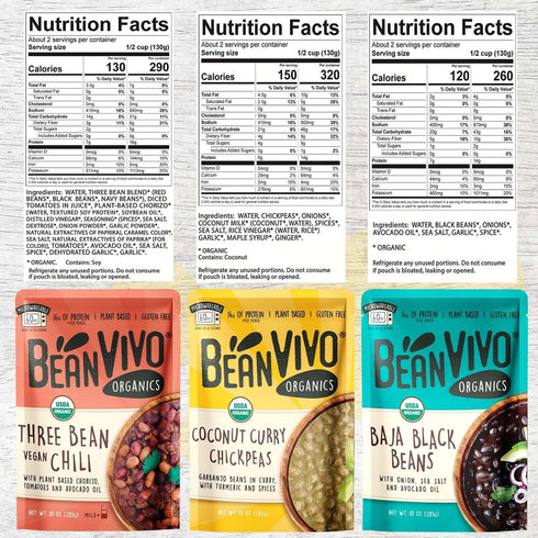 3 Pack (10 oz BeanVIVO - Variety each) - Organic Baja Black Beans, Three Bean Vegan Chili, Coconut Curry Chickpeas