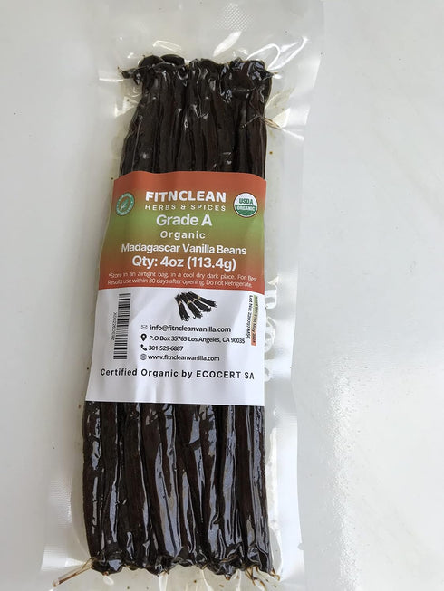 4oz 6"-8" 0.25 (1/4Lb) Organic Madagascar Vanilla Beans Grade A. Certified USDA Organic. by FITNCLEAN VANILLA. Bulk