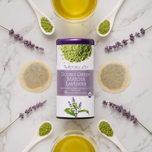 36 The Republic of Tea Organic Double Green Matcha Lavender, Individual Tea Bags with Japanese Matcha Tea Powder