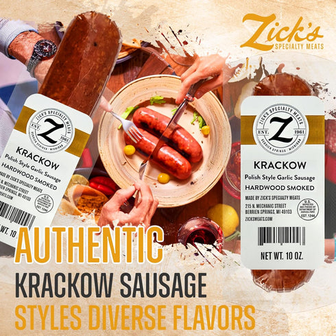(10 oz) Zick's Krackow Smoked Sausages | Savory Garlic Polish Sausage, Pork & Beef Sausages, Dried Meat Snacks for Any