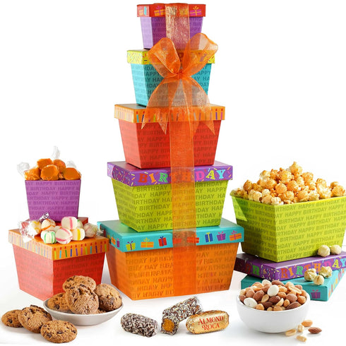 Broadway Basketeers Birthday Gift Basket Tower Snack Boxes with Gourmet Cookies &