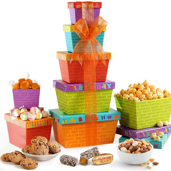 Broadway Basketeers Birthday Gift Basket Tower Snack Boxes with Gourmet Cookies &