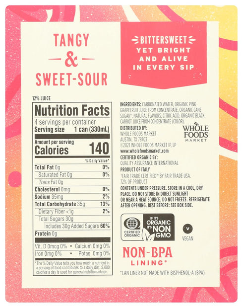 11.2 Oz, 4 Pack Whole Foods Market Organic Pink Grapefruit Italian Soda, Fl