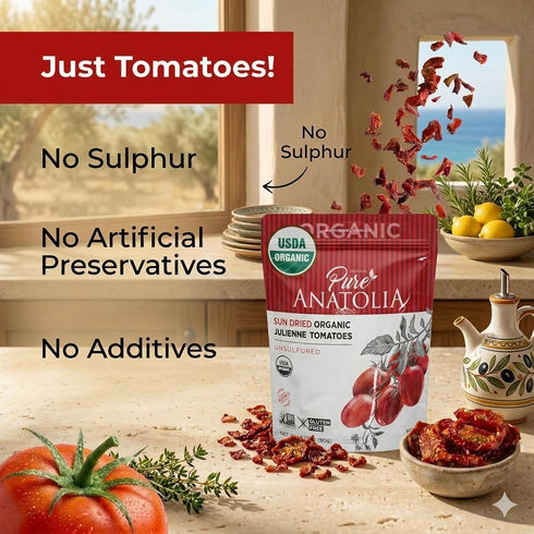 Packed, 3.17 oz Pure Anatolia Organic Sun-Dried Tomatoes Julienne Cut Dry No Oil Added, Unsulfured, No Preservatives