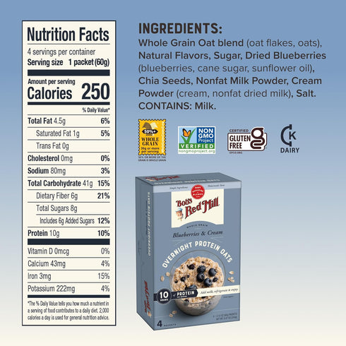 16 Packets Bob's Red Mill Overnight Protein Oats, Blueberries & Cream, Total, Non-GMO, Gluten Free, Whole Grain