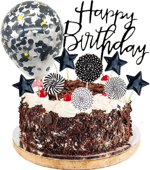 Black Happy Birthday Cake Topper Set, 11 PCS Acrylic Topper, Confetti Balloon, Cool Stars, Cupcake Picks for Dad Man