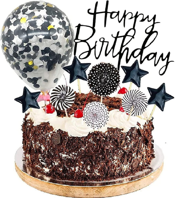 Black Happy Birthday Cake Topper Set, 11 PCS Acrylic Topper, Confetti Balloon, Cool Stars, Cupcake Picks for Dad Man