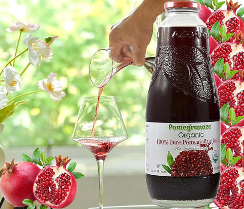 Pomegranaze 100% 33.8 Oz (4 Pack) Organic Pomegranate Juice, Glass Bottle No Sugar, No Artificial Colors, No