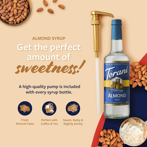 25.4 Oz Torani Sugar Free Syrup, Almond Flavored Syrup for Drinks, Zero Calorie, Glass Bottle with Pump Included, Fl