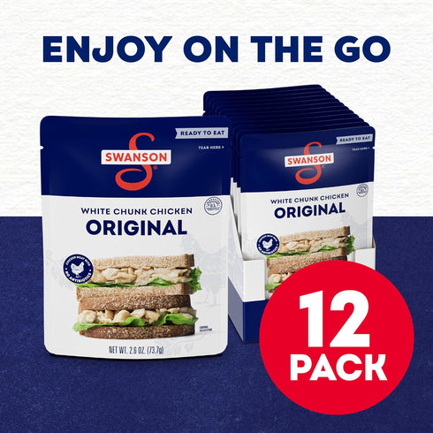2.6 OZ 12) Swanson Original White Chunk Fully Cooked Chicken, Ready to Eat, Simple On-the-Go Meals, Pouch (Case
