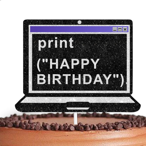 Black Glitter Print Computer Cake Topper, IT Theme Decor Supplies for Boys Girls Birthday Party